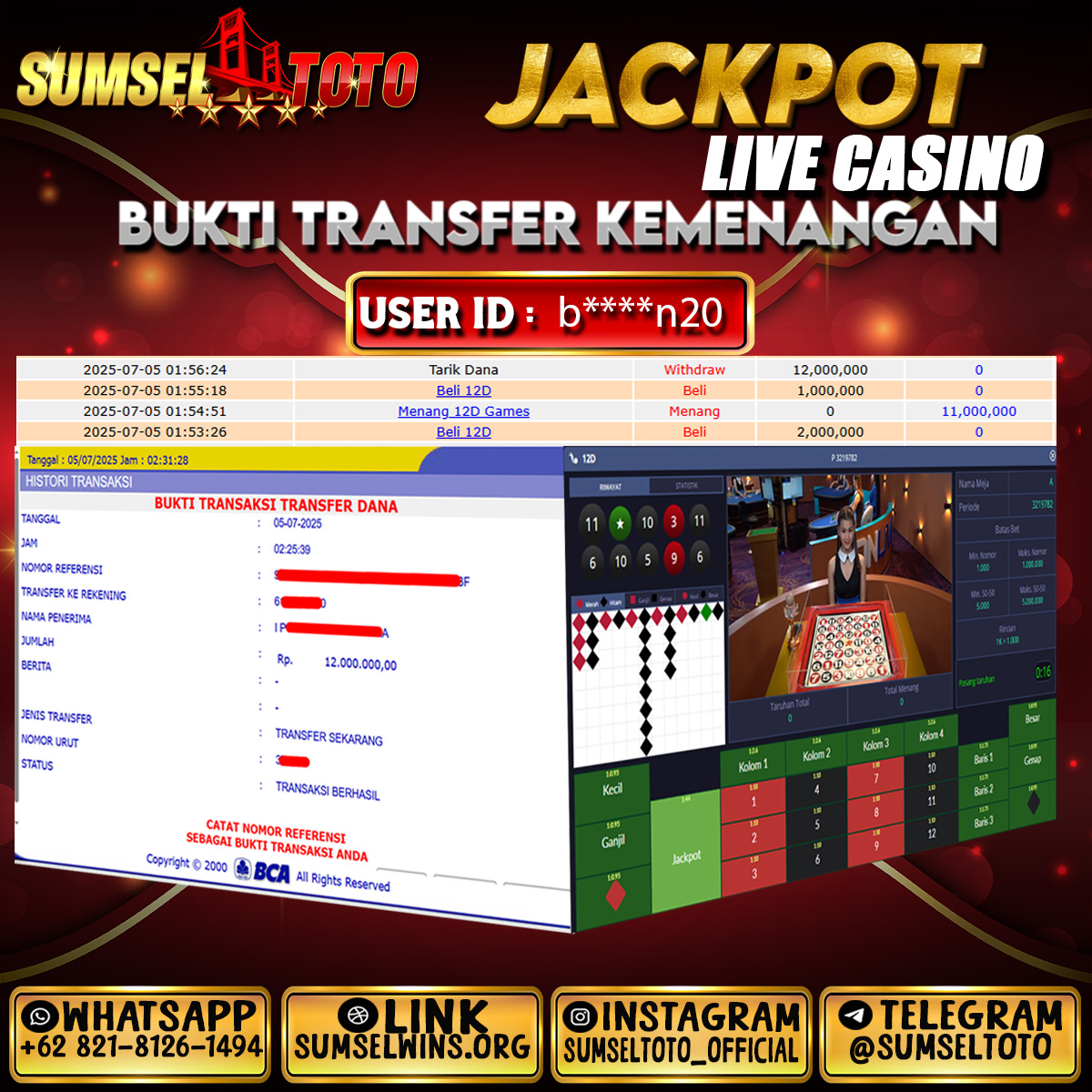 SUMSELTOTO JACKPOT 12D SPIN Rp.12,000,000., - LUNAS